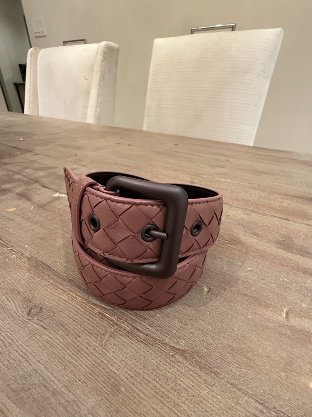 Bottega Veneta Woven Leather Belt in Dusty Mauve with Dark Buckle